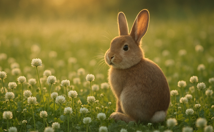 シロツメクサの花畑で佇むうさぎ