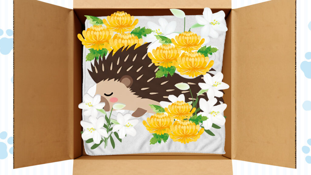 ハリネズミの棺にお供え物をする