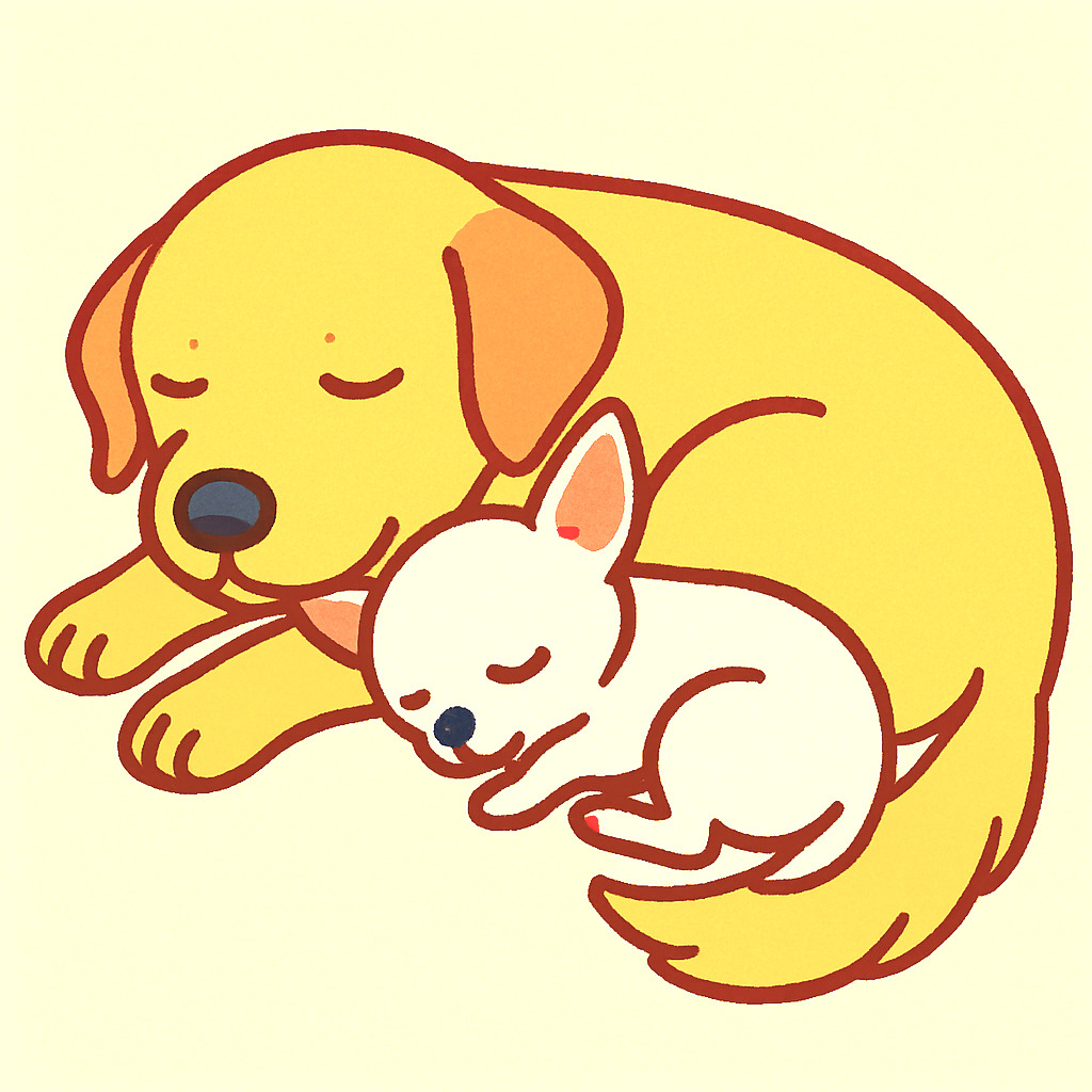寄り添って眠る大型犬と小型犬