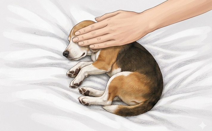 愛犬のまぶたを優しく閉じる