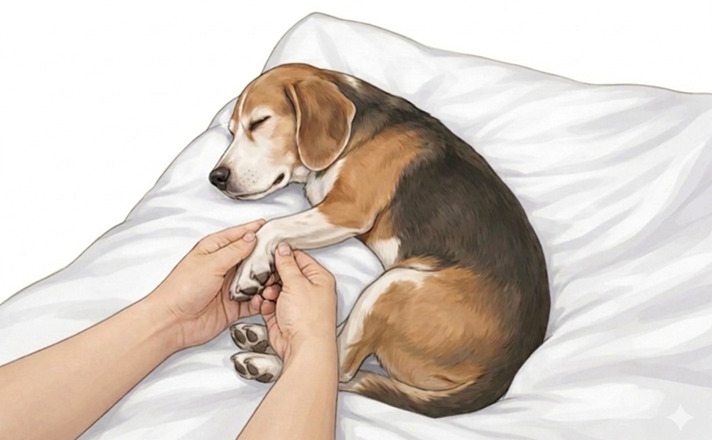 眠っているような体勢に整えて