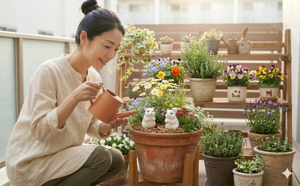 お花に水をあげる女性
