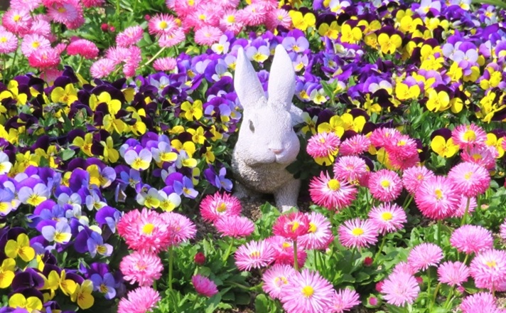 色とりどりの花の中に置かれたうさぎのオブジェ