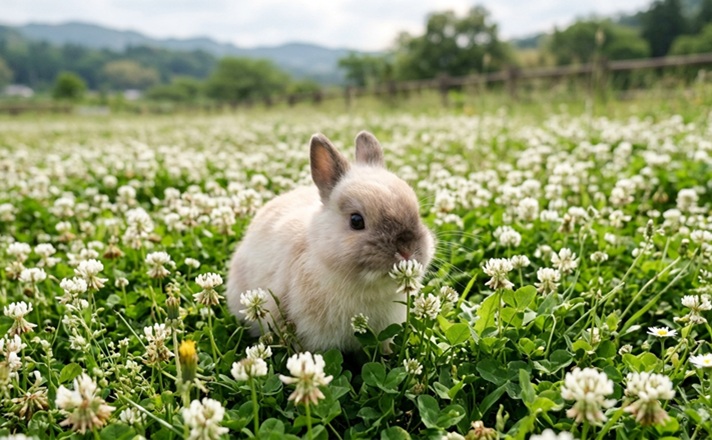 シロツメクサの花畑にたたずむうさぎちゃん